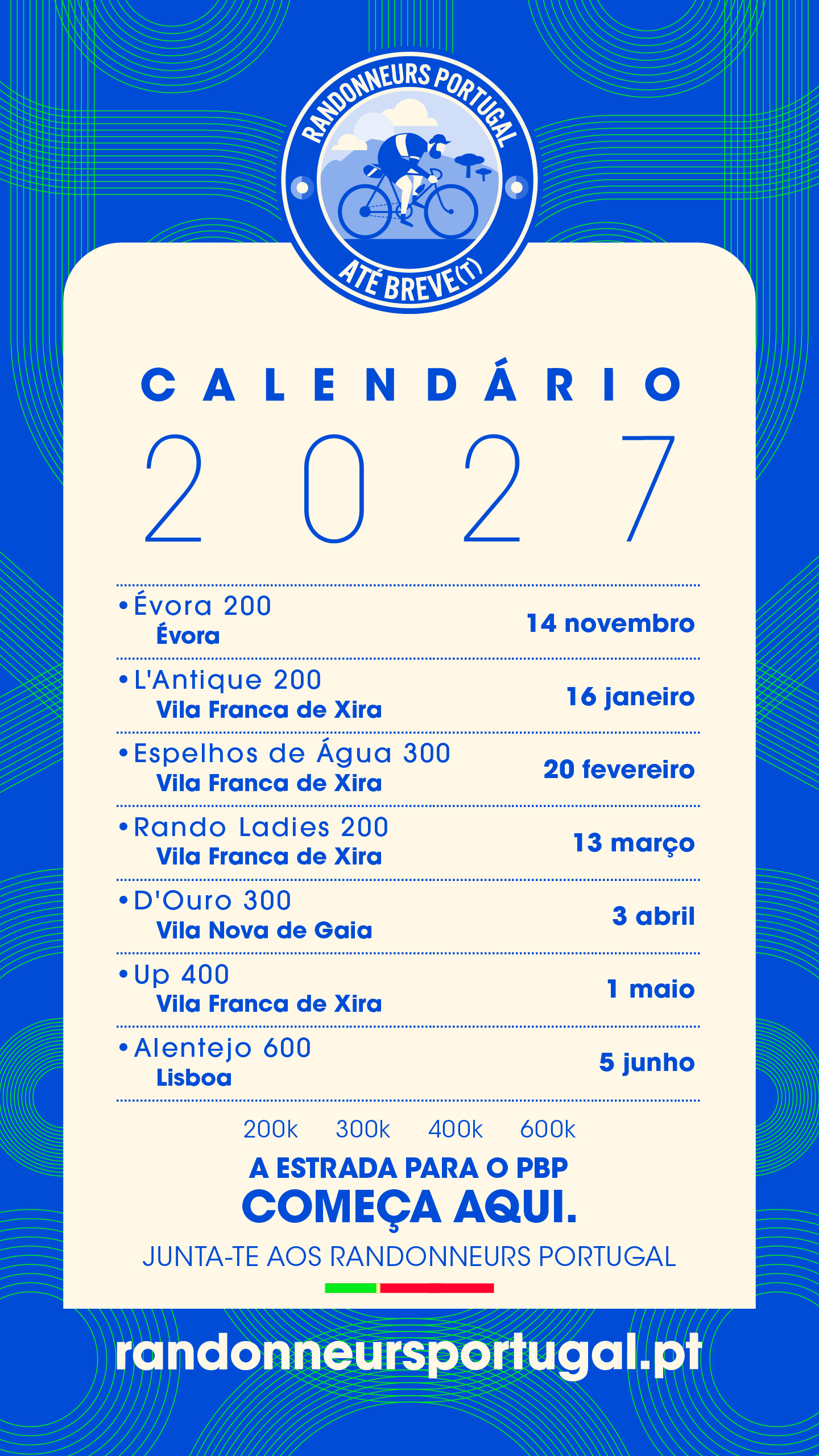 Calendário de brevets dos Randonneurs Portugal 2027
